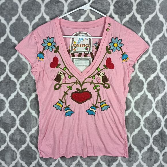 Joystick by Johnny Was Shirt Women Size Large Pink Embroidered Birds Hearts Tee - Picture 1 of 11